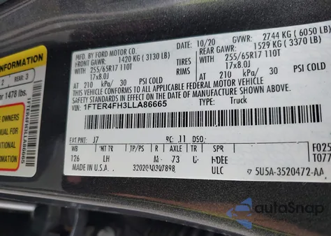 2020 Ford Ranger Xlt из США, поврежденный, VIN 1FTER4FH3LLA86665